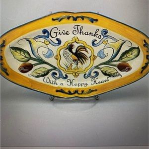 Fitz & Floyd Ricamo Porcelain give thanks w/ a happy heart tray rooster platter